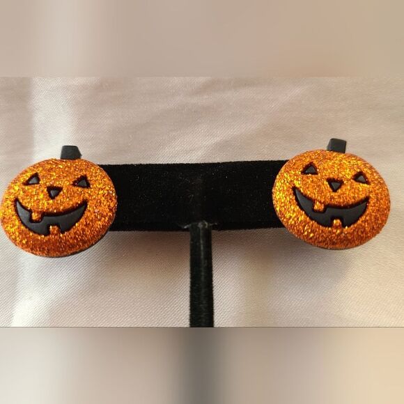 Sparkly Orange Glitter and Black Jack-O-Latern Pumpkin 1" Earrings - Picture 1 of 3